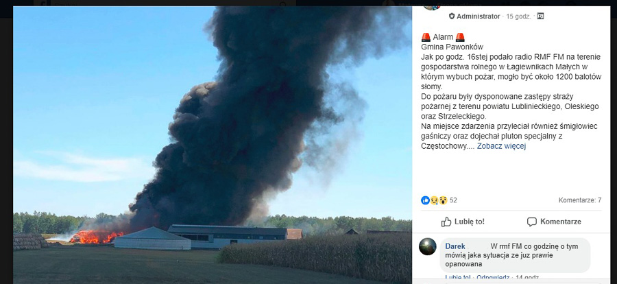 Pożar słomy w Łagiewnikach 7 sierpnia 2018