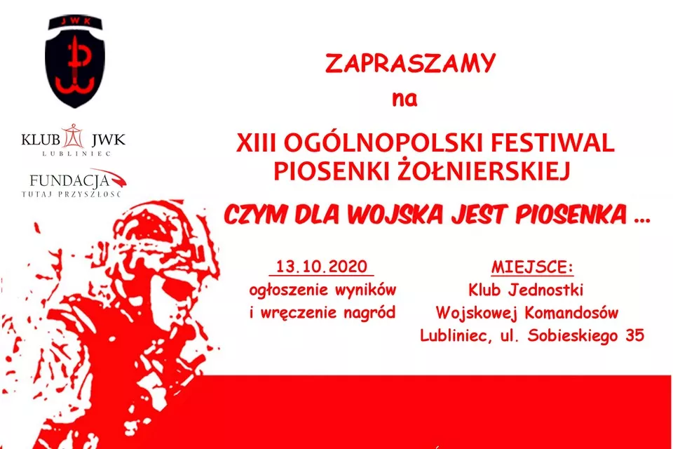 Zdjęcie przedstawia plakat imprezy z nazwą, terminem i miejscem wydarzenia. Tło białe, tekst czerwony. W dolnym prawym rogu animacja żołnierza. 